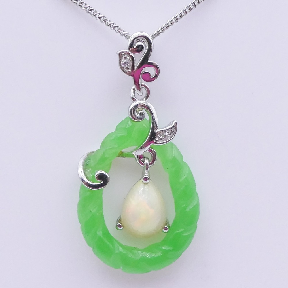 Djoy Sterling Silver Opal Carved Jade Platinum Plated Leaf Pendant Necklace 20in